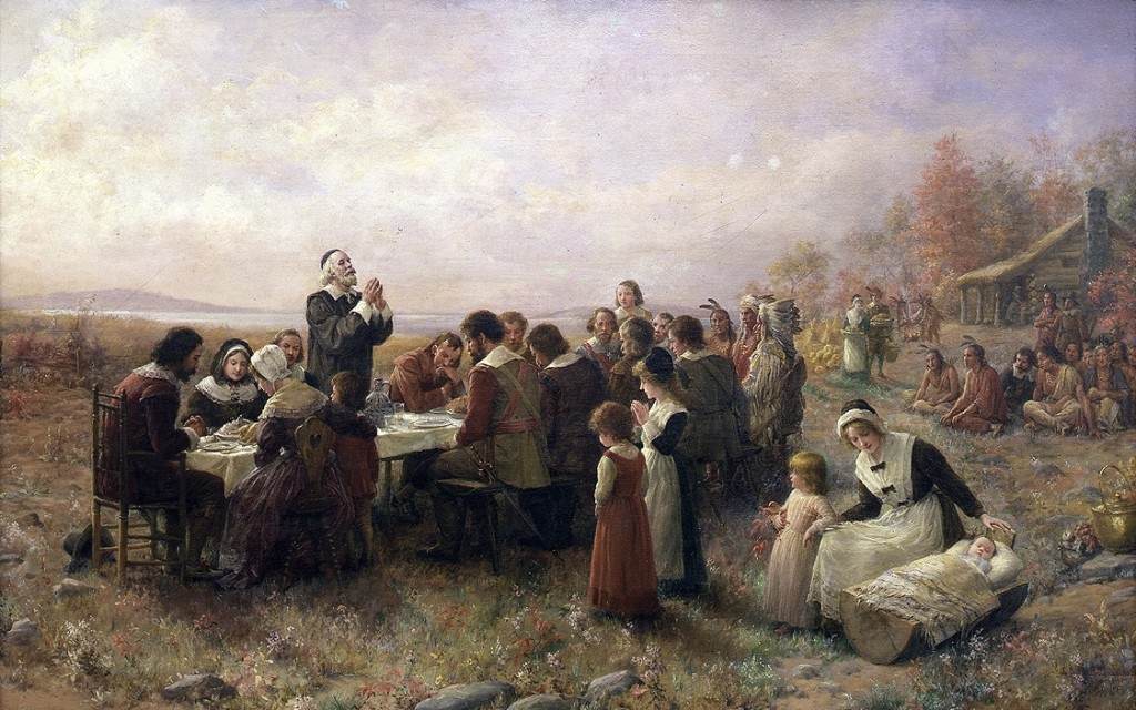 The Pilgrims thank the Lord for his blessings during the First Thanksgiving