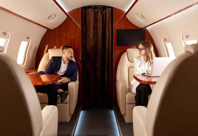 Two business people on a private jet