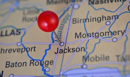 A pin on a map marking Jackson, MS