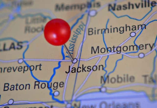 A pin on a map marking Jackson, MS