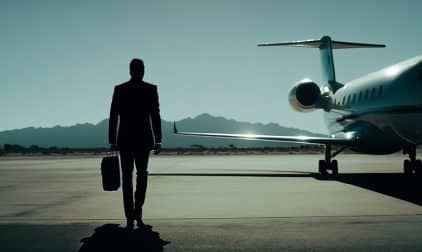 A businessperson walking towards a private jet