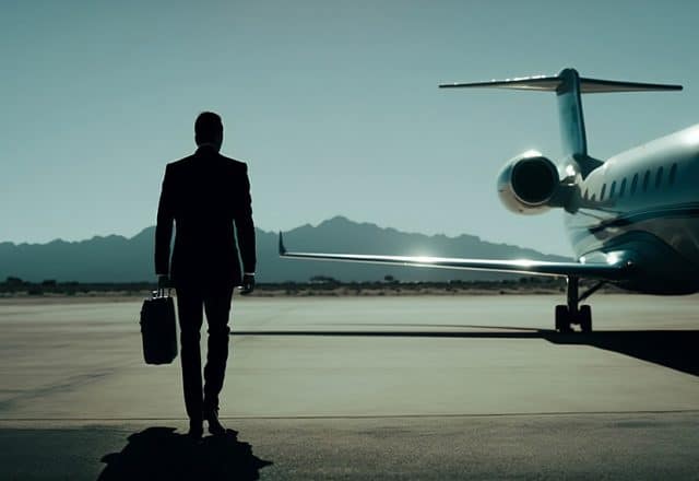 A businessperson walking towards a private jet