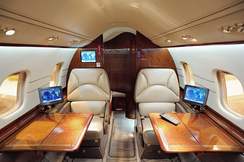 An interior view of a private jet.